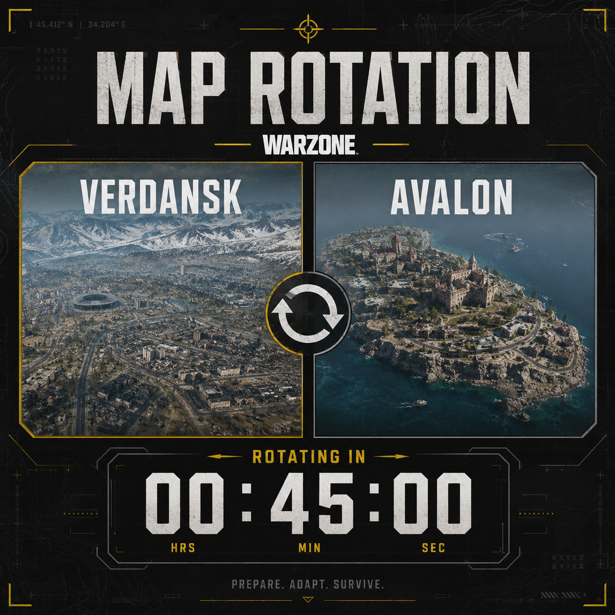 Verdansk & Avalon Map Rotation icon. Live 10-minute map rotation tracker. See which Warzone BR map is active — Verdansk or Avalon — with a synced countdown timer.